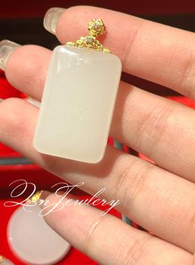 QnJewelry/ 金镶玉 方形无事牌天然羊脂白玉18k金项链