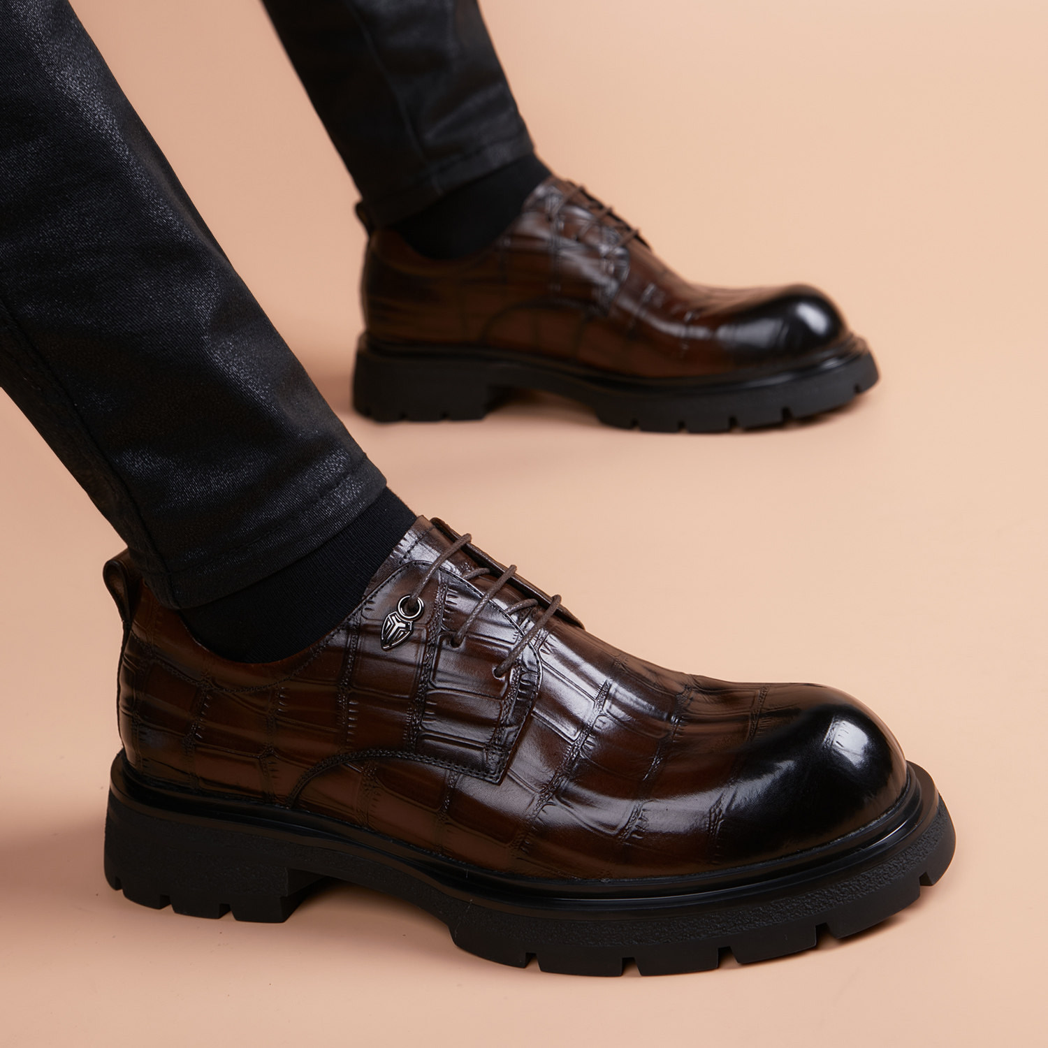 厚底百搭休闲头层牛皮皮鞋男真皮透气夏季圆头系带商务休闲男鞋子