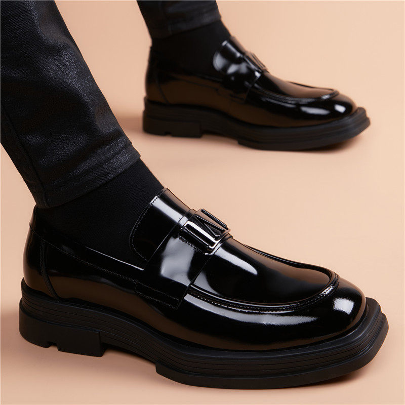 夏季亮皮商务休闲皮鞋男真皮正装英伦一脚蹬韩版潮流增高透气男鞋