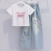 中大儿童洋气T恤女孩牛仔阔腿裤 女童夏季 新款 套装 两件套 国风短袖