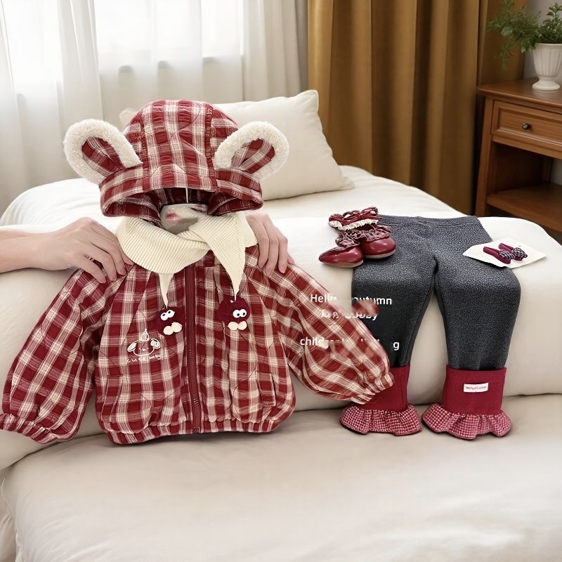 女童兔耳朵格子棉衣外套韩版秋冬季加绒加厚棉服2025新款加厚保暖