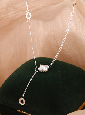 s990纯银小蛮腰流苏项链女轻奢小众设计三排钻转运圆筒流苏锁骨链