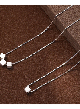 s999纯银拉丝小方糖项链女轻奢极简小众高级感几何方块锁骨链项饰