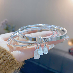 足银手镯9999纯银手镯闭口女三环圈吊牌配件福平安如意国风饰品