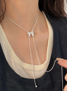 999纯银蝴蝶结抽拉项链女轻奢高级感时尚毛衣链秋冬长款项链饰品