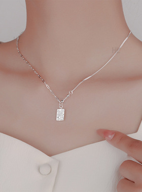 足银999吉言纳福项链女双面方牌吊坠轻奢高级感小众不对称锁骨链