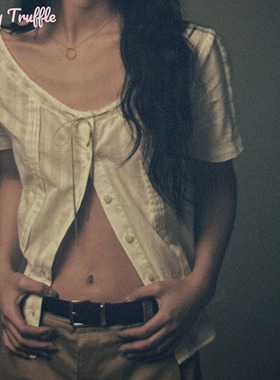 CT「白开水温度」法式复古甜美蝴蝶结绑带衬衫女白色气质纯棉短袖