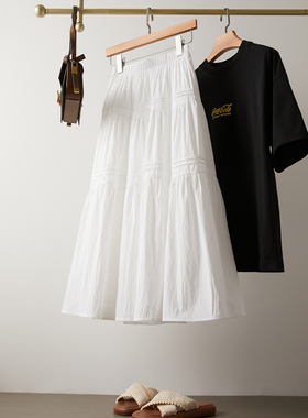 春夏季白色半身裙女新款a字伞裙显瘦垂感中长款蓬蓬裙百褶蛋糕裙