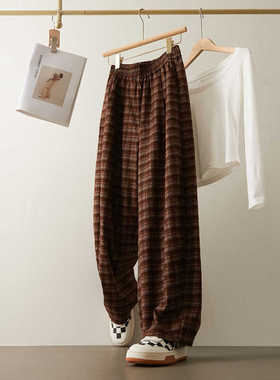 复古磨毛格子松紧腰加绒香蕉裤女冬季宽松梨型身材阔腿哈伦镰刀裤