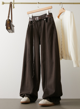 咖色直筒休闲牛仔裤女2025年秋冬新款阔腿宽松高腰加绒拖地弯刀裤