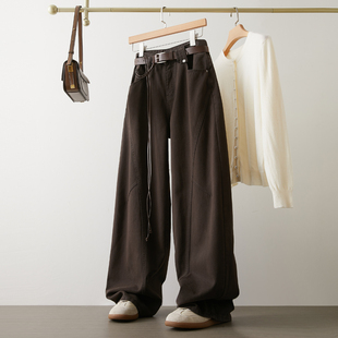 阔腿宽松高腰加绒拖地弯刀裤 咖色直筒休闲牛仔裤 女2025年秋冬新款
