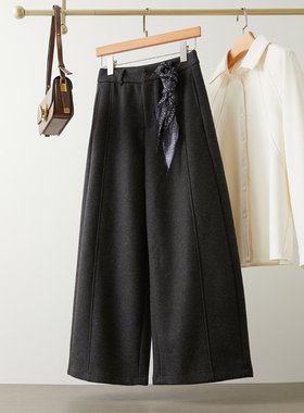 黑色直筒毛呢休闲裤女秋冬新款高腰宽松显瘦阔腿裤百搭垂感九分裤