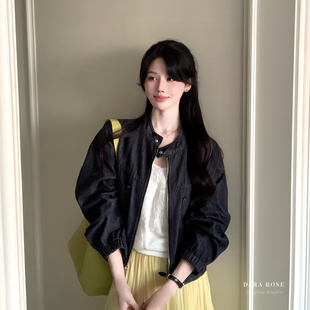 DARA ROSE-深蓝复古小立领显瘦气质好显白显瘦夹克牛仔外套S09521