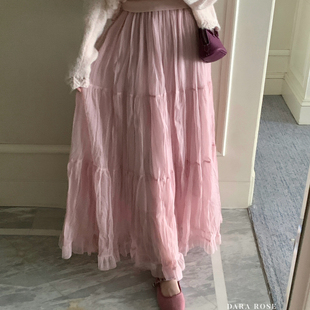 DARA ROSE-纯色拼接蛋糕超大裙摆网纱松紧腰显瘦长裙半身裙S8808