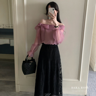 DARA ROSE-式纯欲修身蕾丝网纱拼接松紧腰中长款A字半身裙S07954