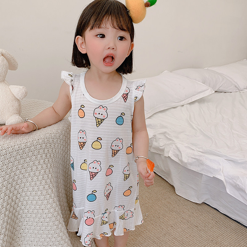 여자 여름 원피스 잠옷 얇은 여자 잠옷 대나무 섬유 어린이    여름 에어컨 가정 옷
