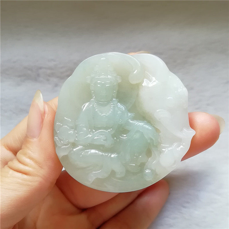 收藏天然玉独山玉观音菩萨吊坠冰种独玉大象挂件普贤观音玉佩送证