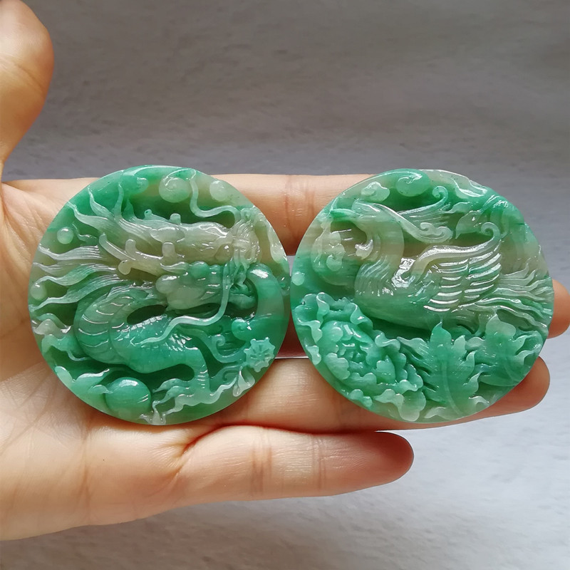 收藏天然独山玉龙凤圆牌三色精雕独玉龙凤对配玉佩龙吊坠挂件附证