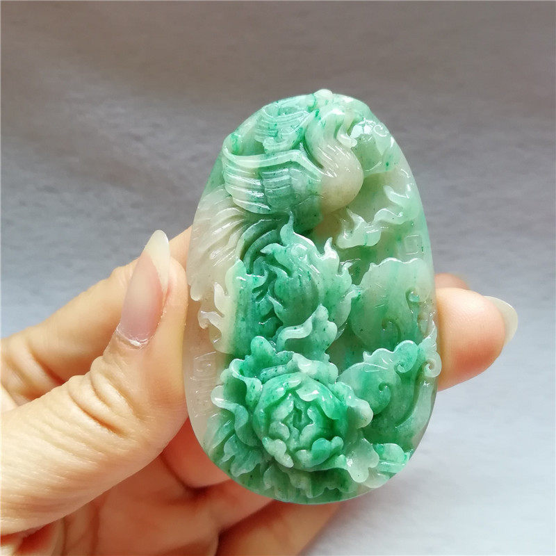 收藏天然独山玉凤凰牡丹花吊坠白天蓝独玉坠飞黄腾达玉器挂件附证