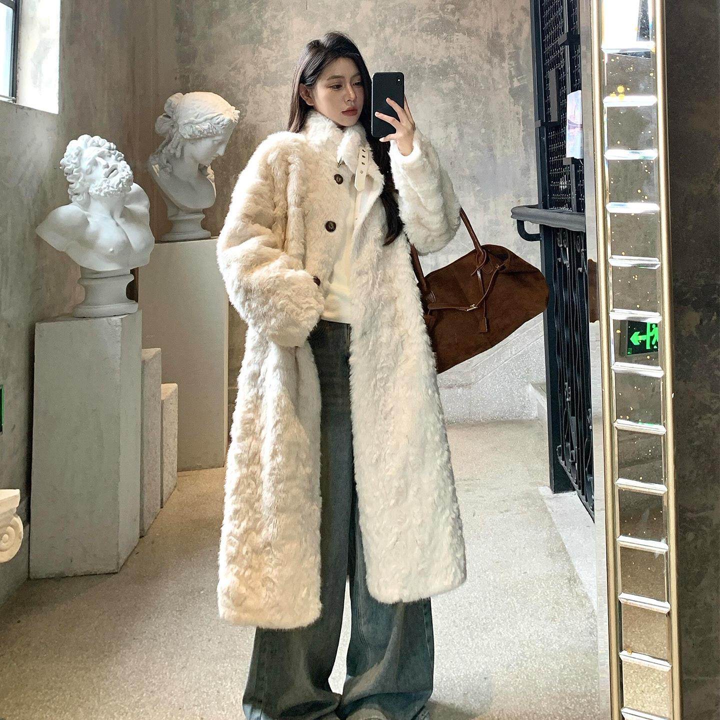 冬季长款立领小湖羊毛毛外套女宽松遮肉显瘦皮毛一体环保皮草大衣