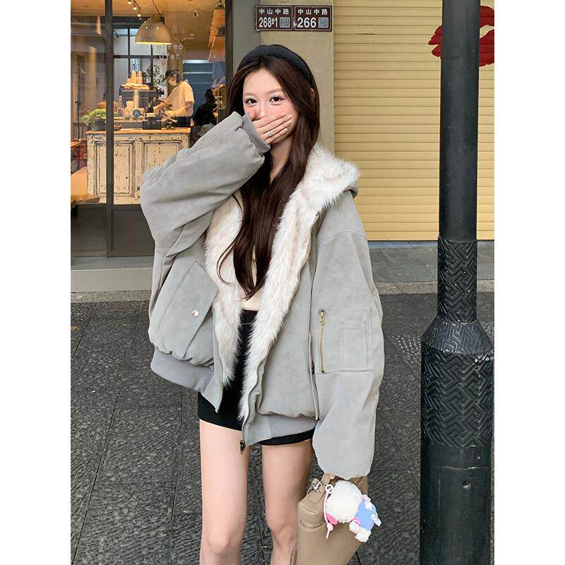 双面穿连帽外套女冬季加厚保暖美式覆古麂皮加绒飞行夹克防皮草