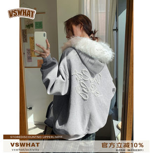 Vs what 珍珠钉珠重磅刺绣连帽卫衣女春秋新款情侣款帽衫时尚外套