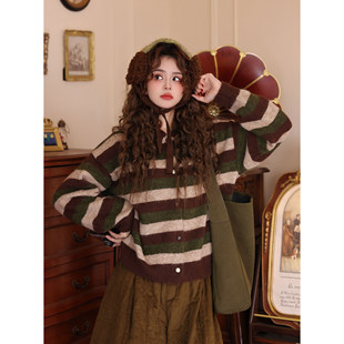 陈佳洁【山色空蒙】条纹连帽毛衣开衫女2025新款休闲宽松针织外套