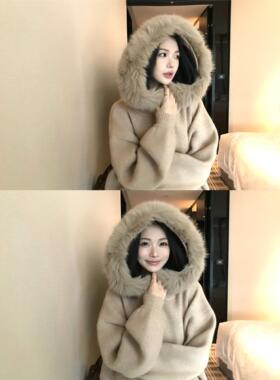 5werkwen 暖绒大毛领 加厚软糯可拆卸毛领宽松毛衣外套