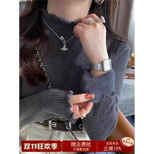 灰色毛衣内搭可外穿女2025新款冬季半高领加绒加厚水貂绒针织上衣
