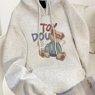 灰色小熊连帽加绒卫衣女款2025冬季新款爆款宽松大码上衣加厚帽衫