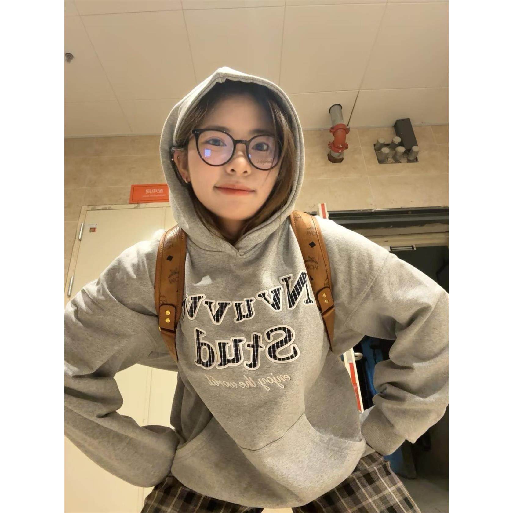 美式覆古重磅连帽加绒卫衣女秋冬新款字母刺绣小众设计感宽松上衣