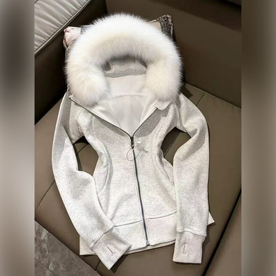 灰色修身卫衣外套女加绒