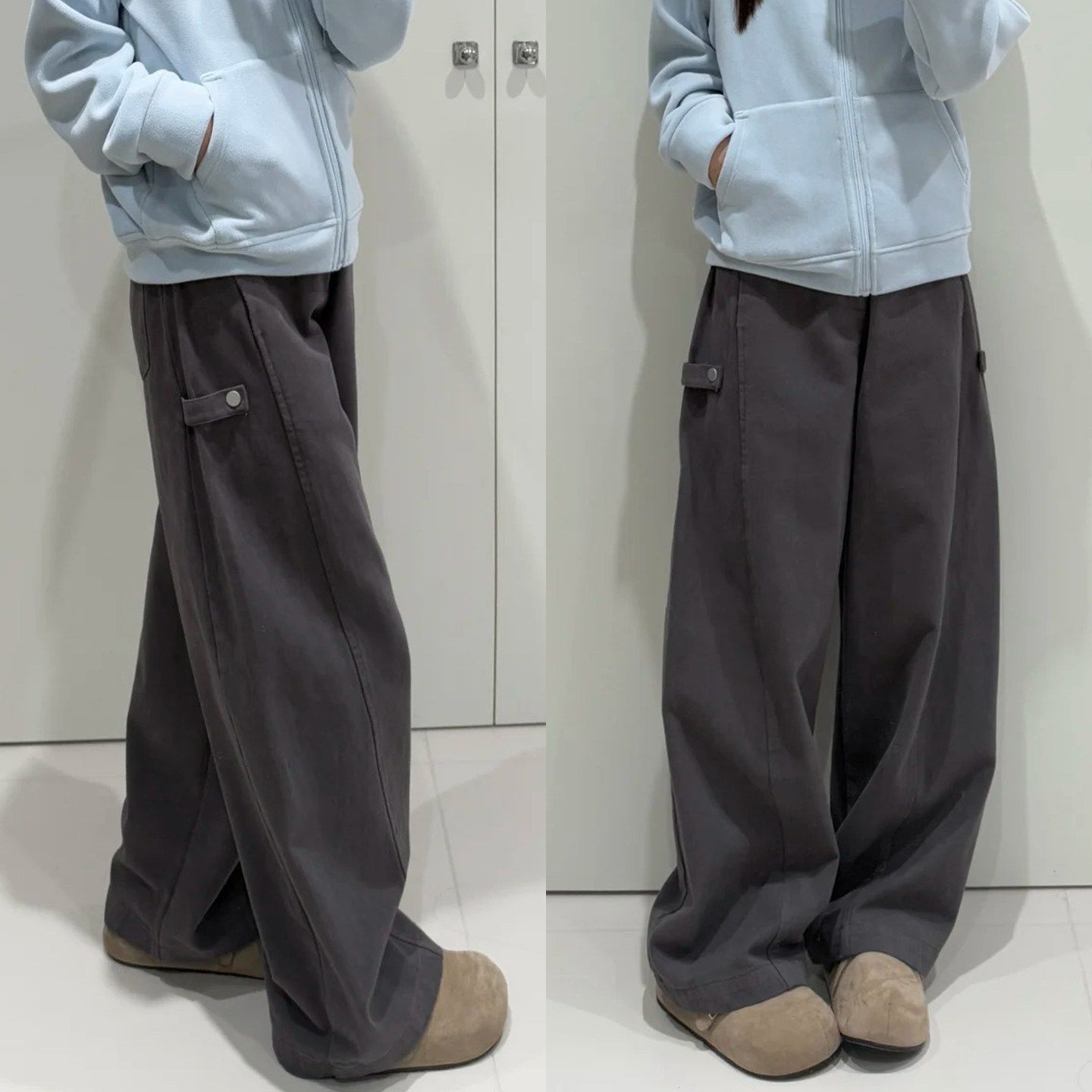 加绒弯刀裤女2025新款阔腿工装裤大码胖mm显瘦灰色裤子梨形报恩裤