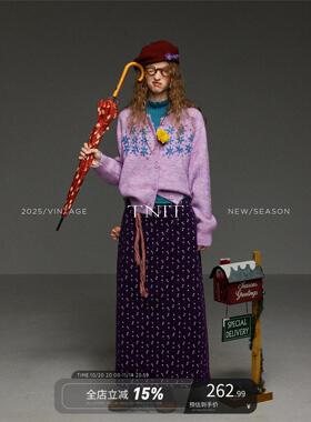 TNIT覆古紫色重工刺绣花朵圆领针织开衫女秋冬设计感毛衣外套上衣