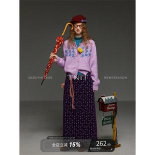 TNIT覆古紫色重工刺绣花朵圆领针织开衫女秋冬设计感毛衣外套上衣