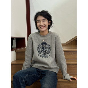 周浪清灰色无帽套头加绒卫衣女2025新款冬季加厚保暖内搭刺绣上衣