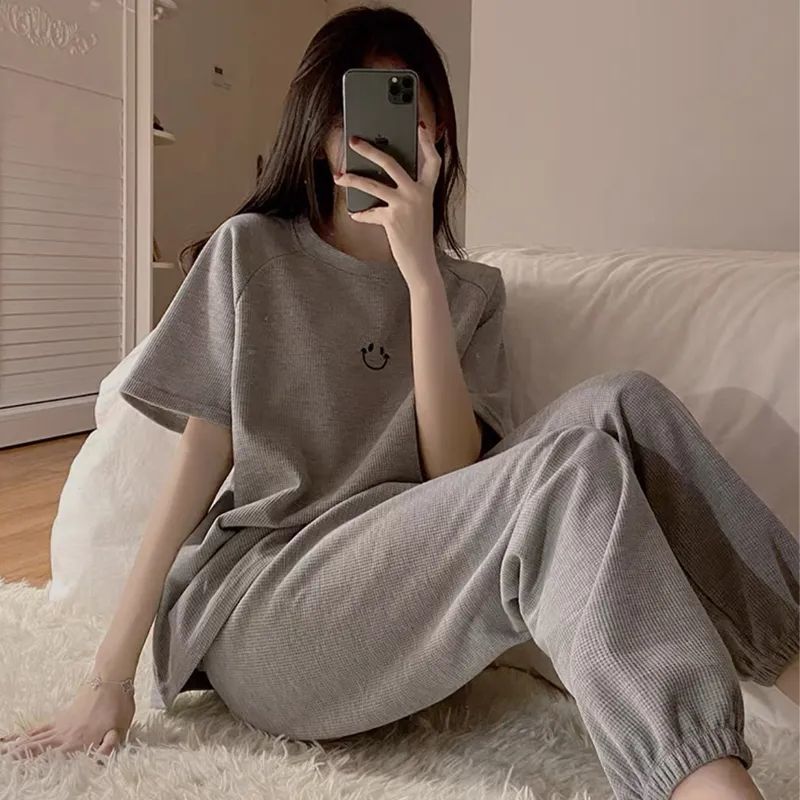 睡衣女夏季薄款短袖长裤宽松可爱学生两件套装简约可外穿家居服潮