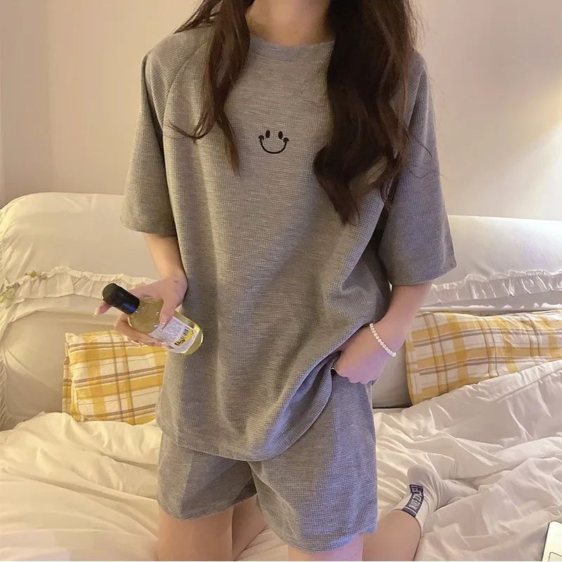 睡衣女夏季薄款短袖短裤宽松可爱学生两件套装简约可外穿家居服潮