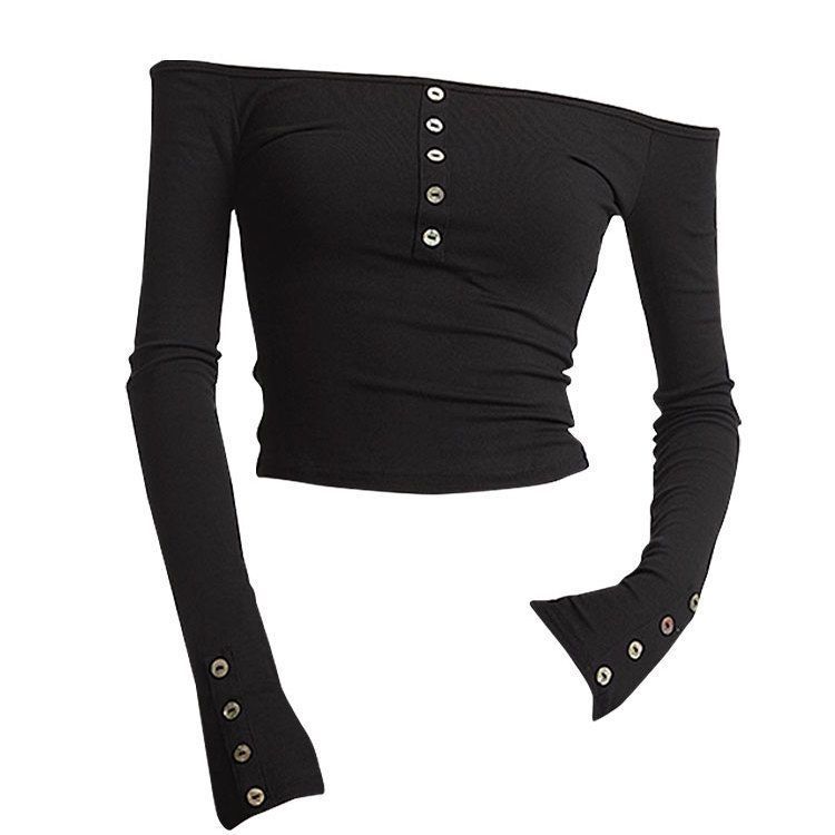 超手感莫代尔棉~美式辣妹一字肩长袖T恤女设计感开扣修身打底上衣