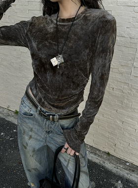 Space Axis韩系24早秋圆领扎染褶皱修身丝绒打底衫上衣长袖T恤女