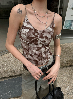 Space Axis复古蝴蝶印花吊带背心女秋季美式辣妹修身无袖上衣外穿