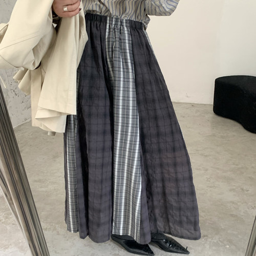 JillZoo自制   灰黑条纹重工拼接复古格子松紧腰半身裙