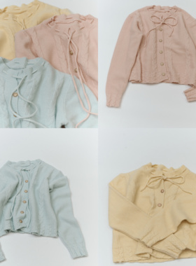 JillZoo自制  三色韩系甜美风蝴蝶结系带单排扣麻花毛衣开衫