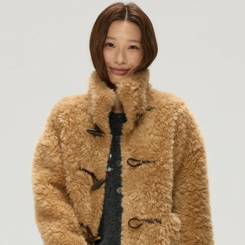 JillZoo自制  复古慵懒感环保皮毛一体棕色牛角扣外套