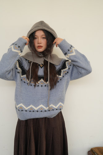 JillZoo自制费尔岛复古提雾霾蓝几何毛衣女秋冬宽松慵懒套头上衣