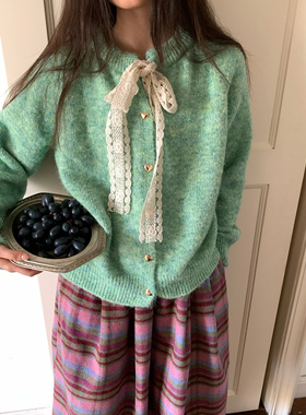 JillZoo自制 薄荷绿蕾丝系带毛衣