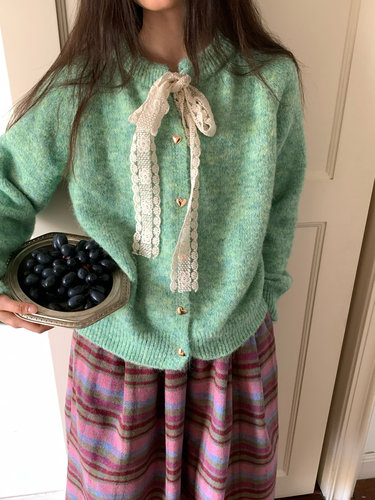 JillZoo自制 薄荷绿蕾丝系带毛衣