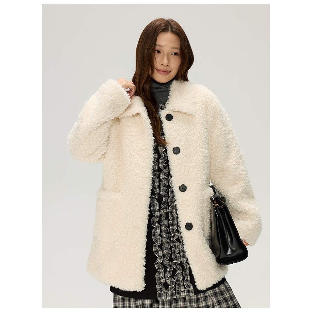 JillZoo自制   韩系单排扣皮毛一体宽松中长款羊羔毛外套