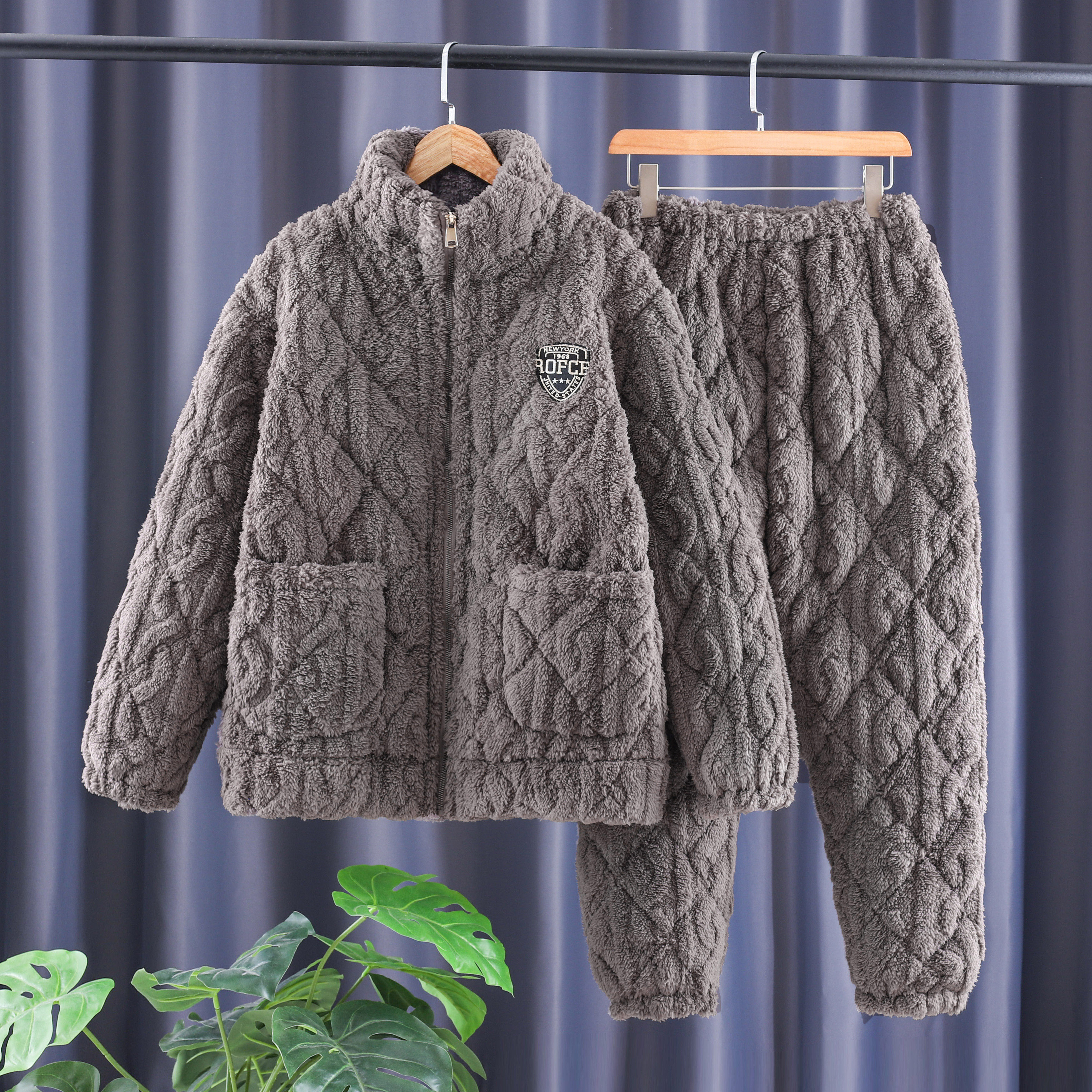 睡衣冬季加绒加厚男士三层夹棉高档拉链男款冬天可外出保暖家居服