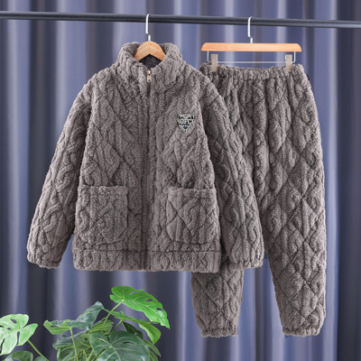 睡衣冬季加绒加厚男士三层夹棉高档拉链男款冬天可外出保暖家居服